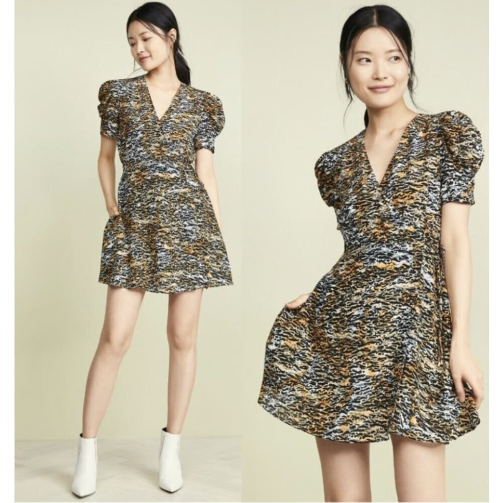 SALONI Lea 100% Silk Crepe Mini Wrap Dress in Ink Tiger Print - Size US 4